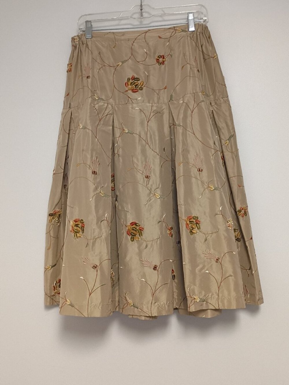 Krista Larson 100% Silk Floral-Embroidered Full Midi Skirt W/ Pleated Panels EUC